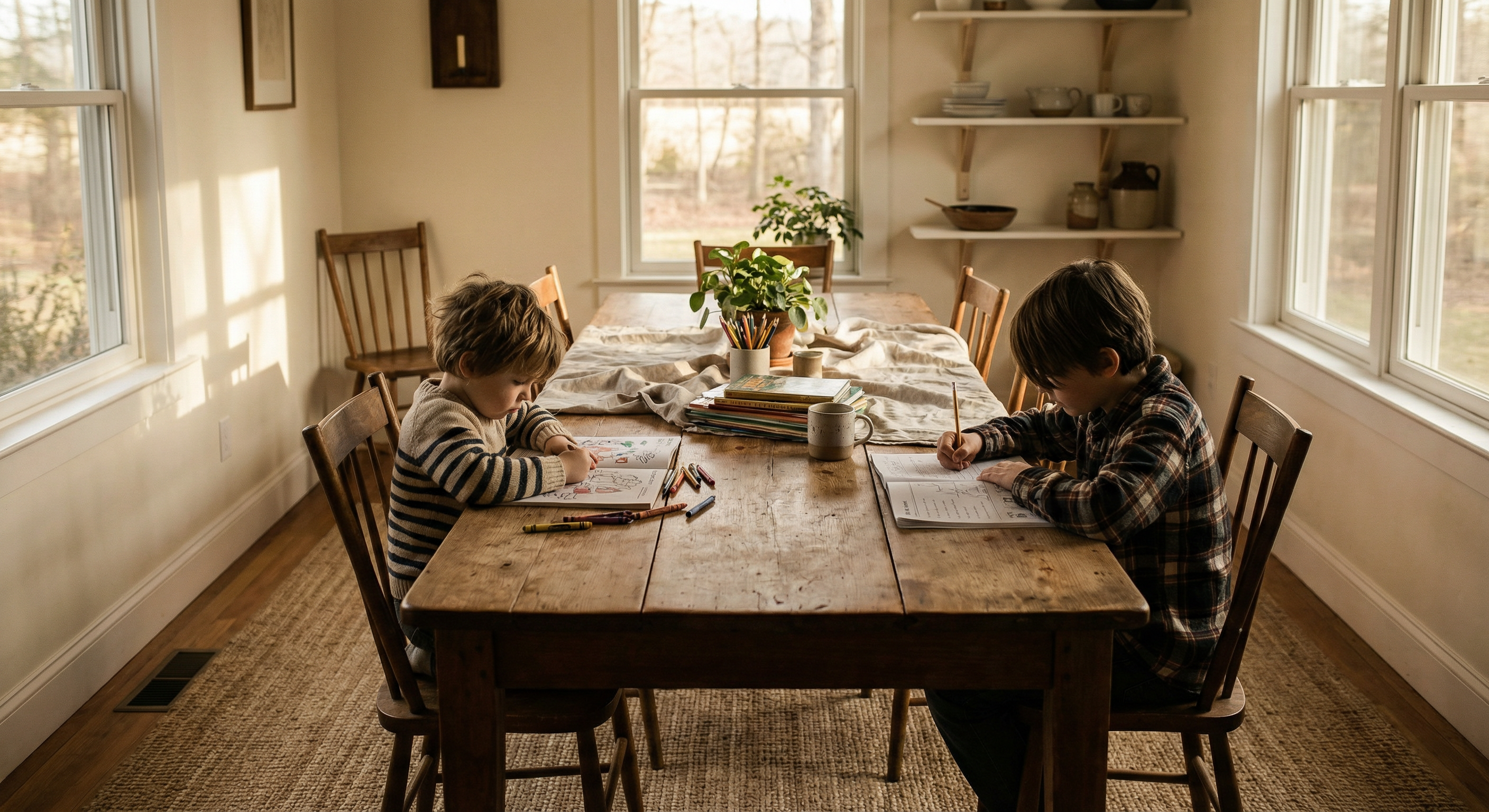 Two children working at a farmhouse table  -  learning documented