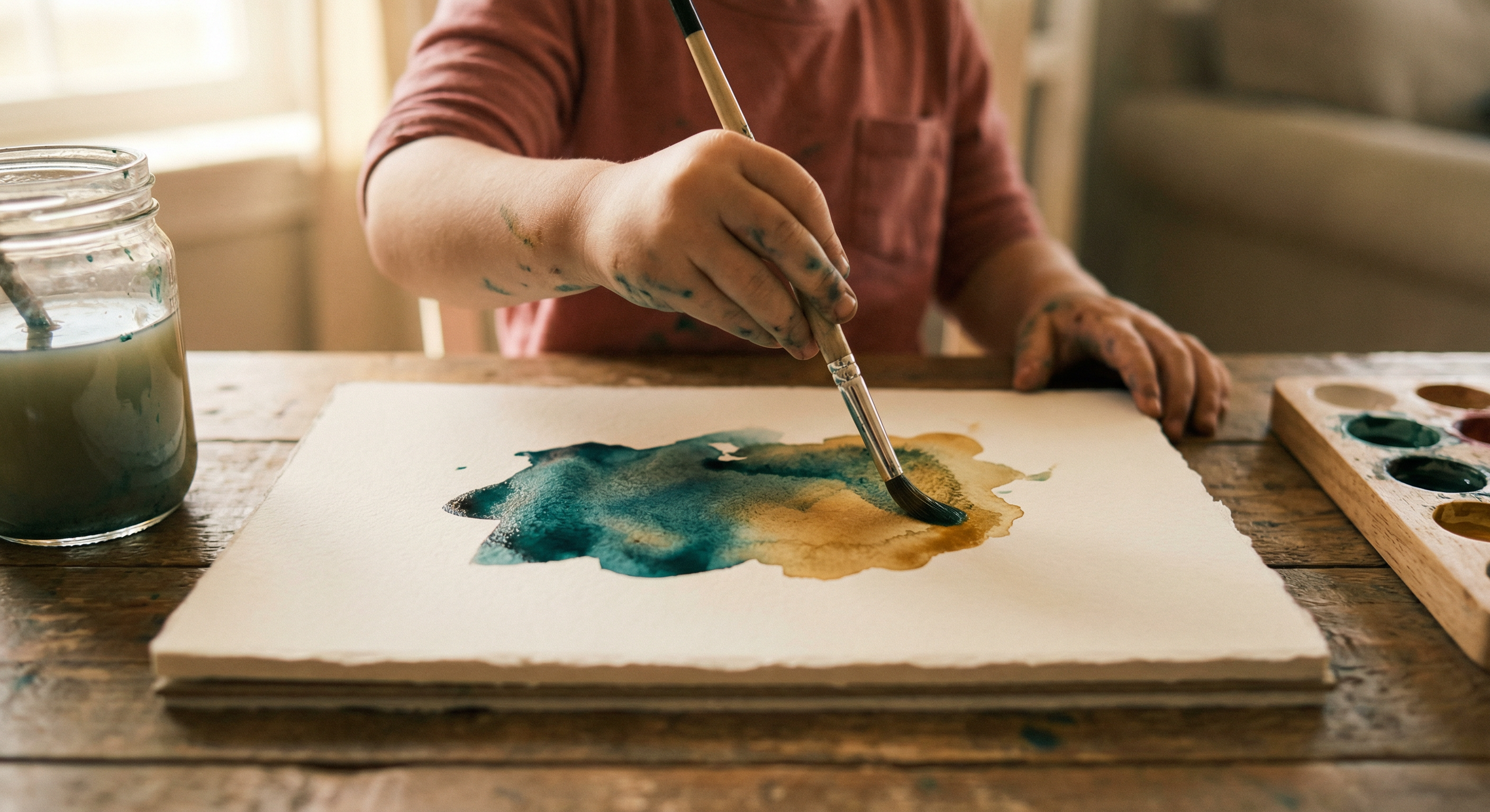 Homeschool art activity - child painting with watercolors