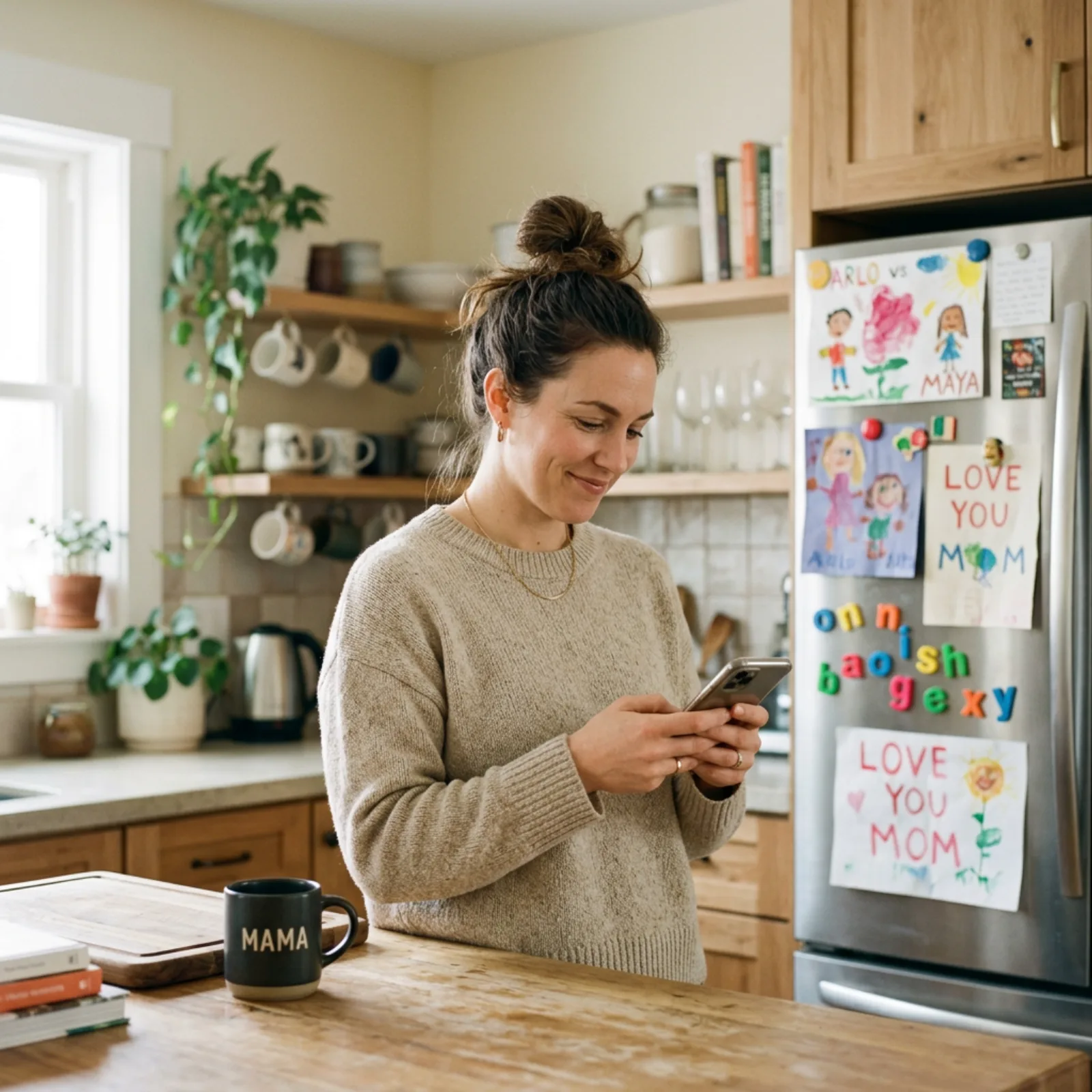 Homeschool mom smiling at her phone in the kitchen with children's artwork on the fridge
